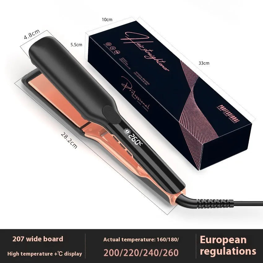 Hair straightener with digital temperature display showing 207°C and anion technology label