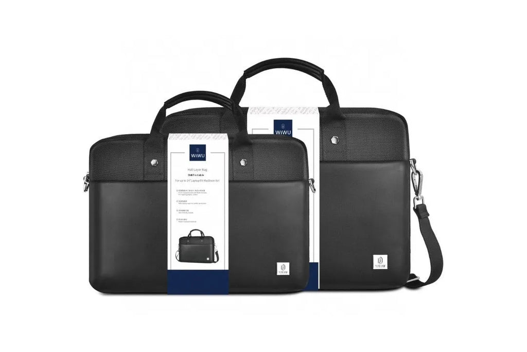 Black oxford cloth laptop backpack showing multiple pockets and a separate padded computer compartment.