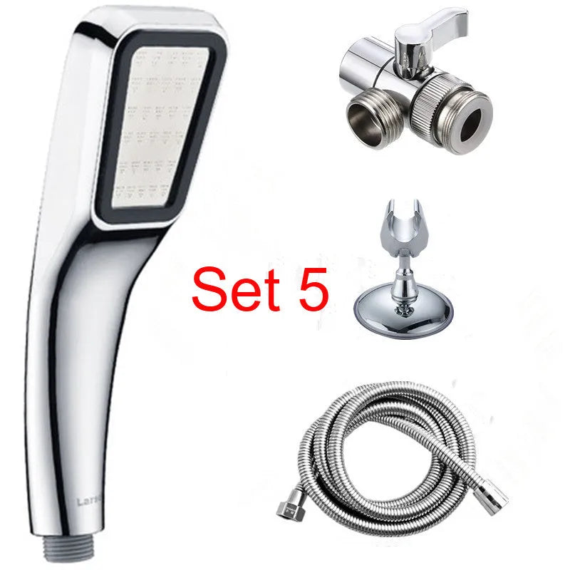 Orange hand-held rain shower set with wall bracket and connection hose