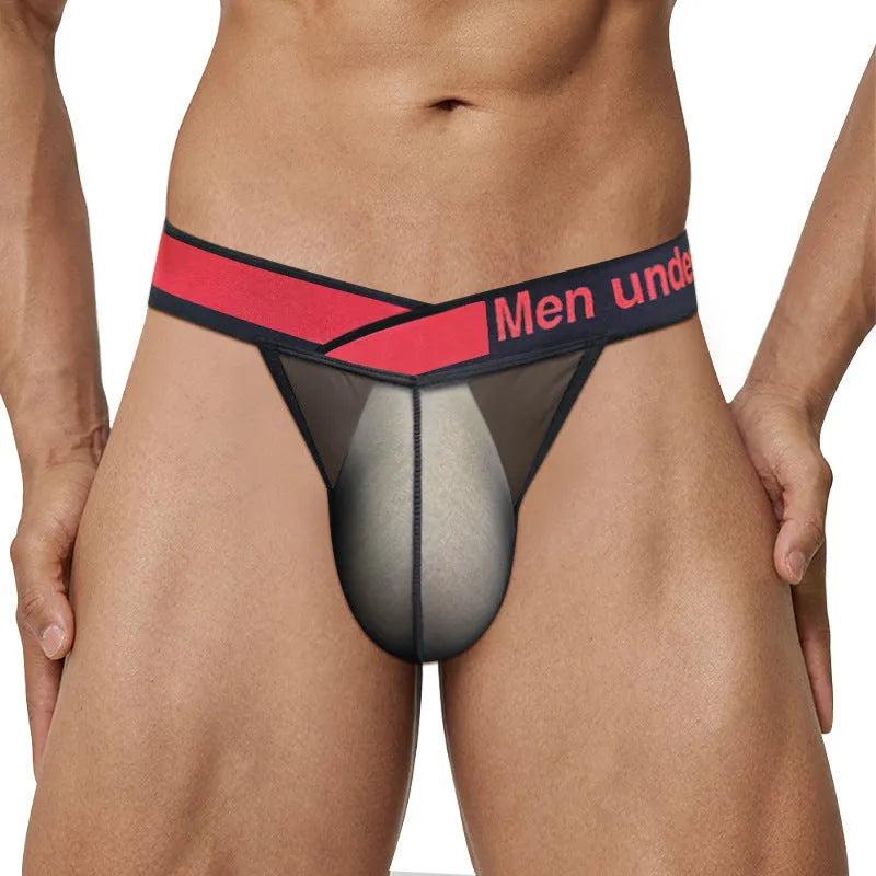 Men's black ice silk nylon briefs with low waist and V-gradient high fork design on a white background.