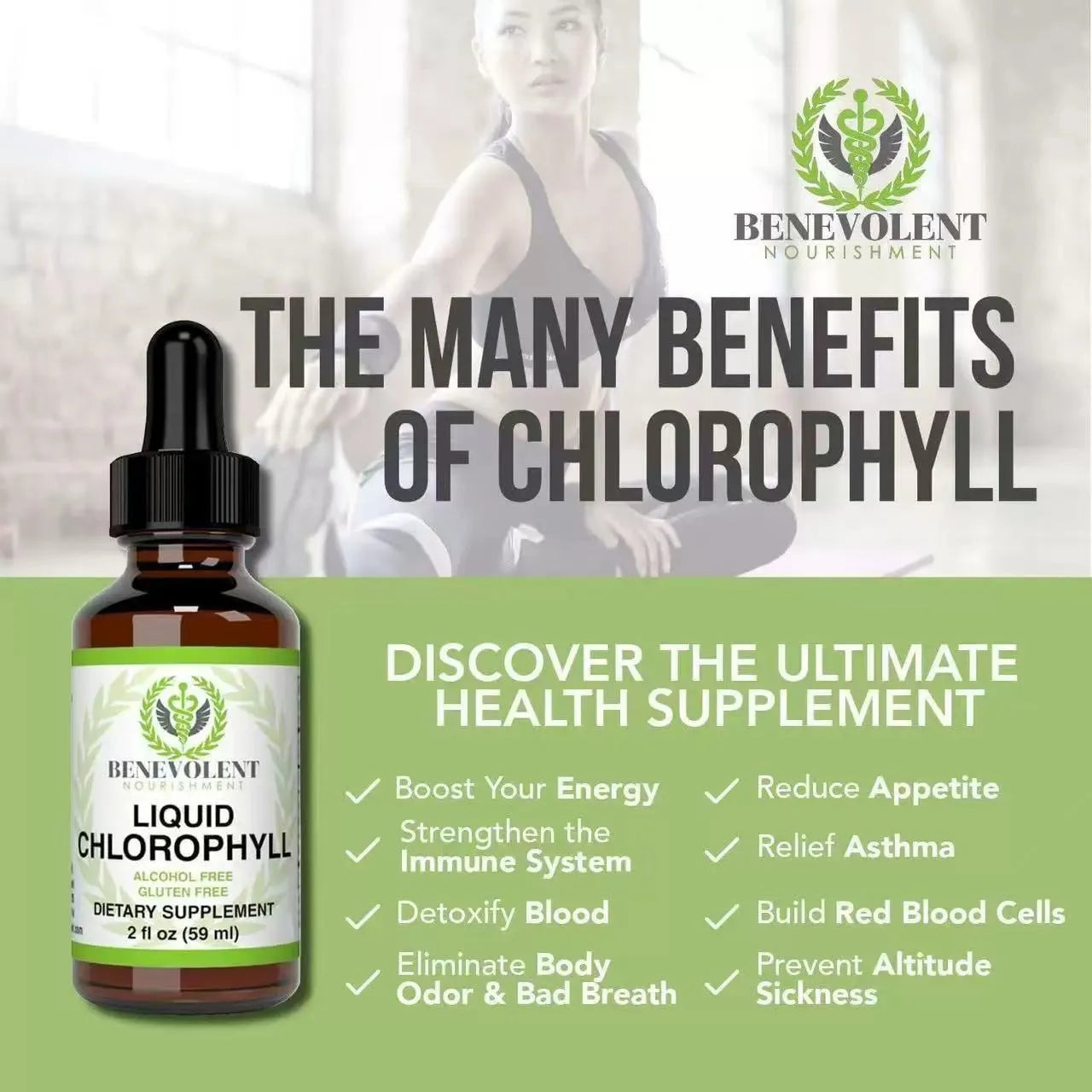 60ml bottle of liquid chlorophyll drops with dropper for adult body odor and intestinal care