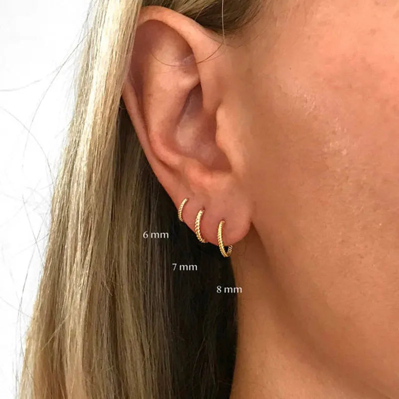 S925 Sterling Silver twisted string round ring earrings in gold or white gold plating, showing geometric design.