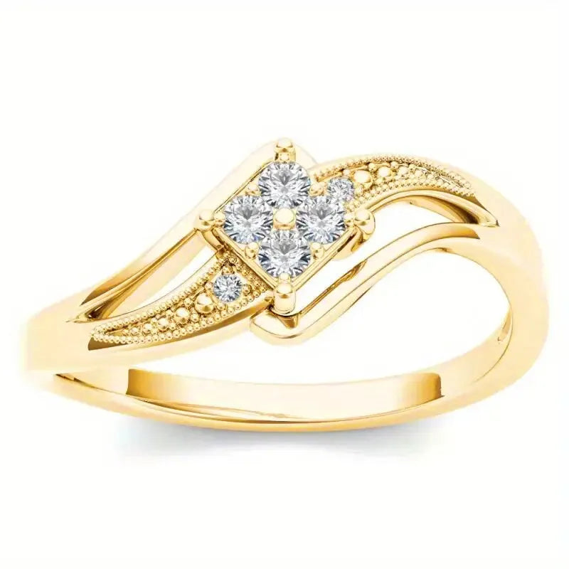 Copper diamond-shaped geometric ring with micro inlaid zircon stones in yellow gold colour