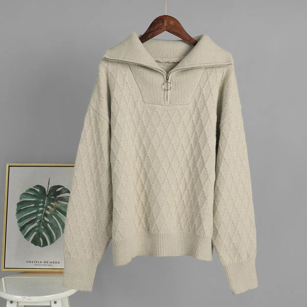 Women's high-neck half zip pullover sweater in apricot with crochet details on front