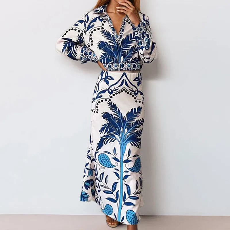 Women's floral casual set with long sleeve top and matching skirt in early spring pattern