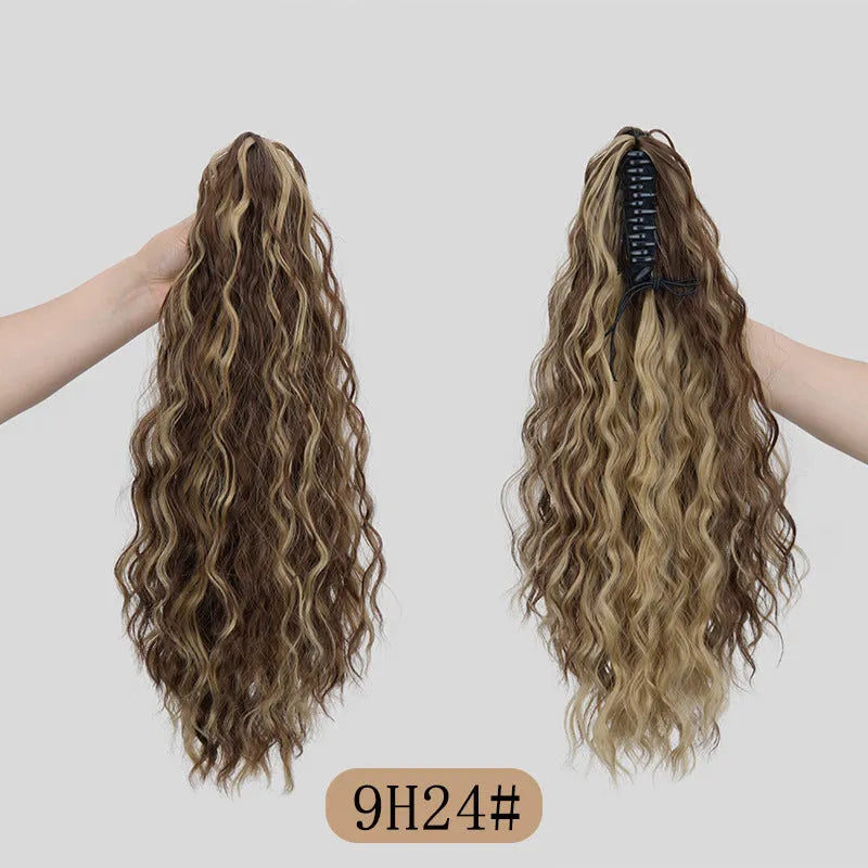 A corn curl ponytail wig with a water ripple grip texture, shown in a dark brown 1B colour, featuring a hair clip attachment.