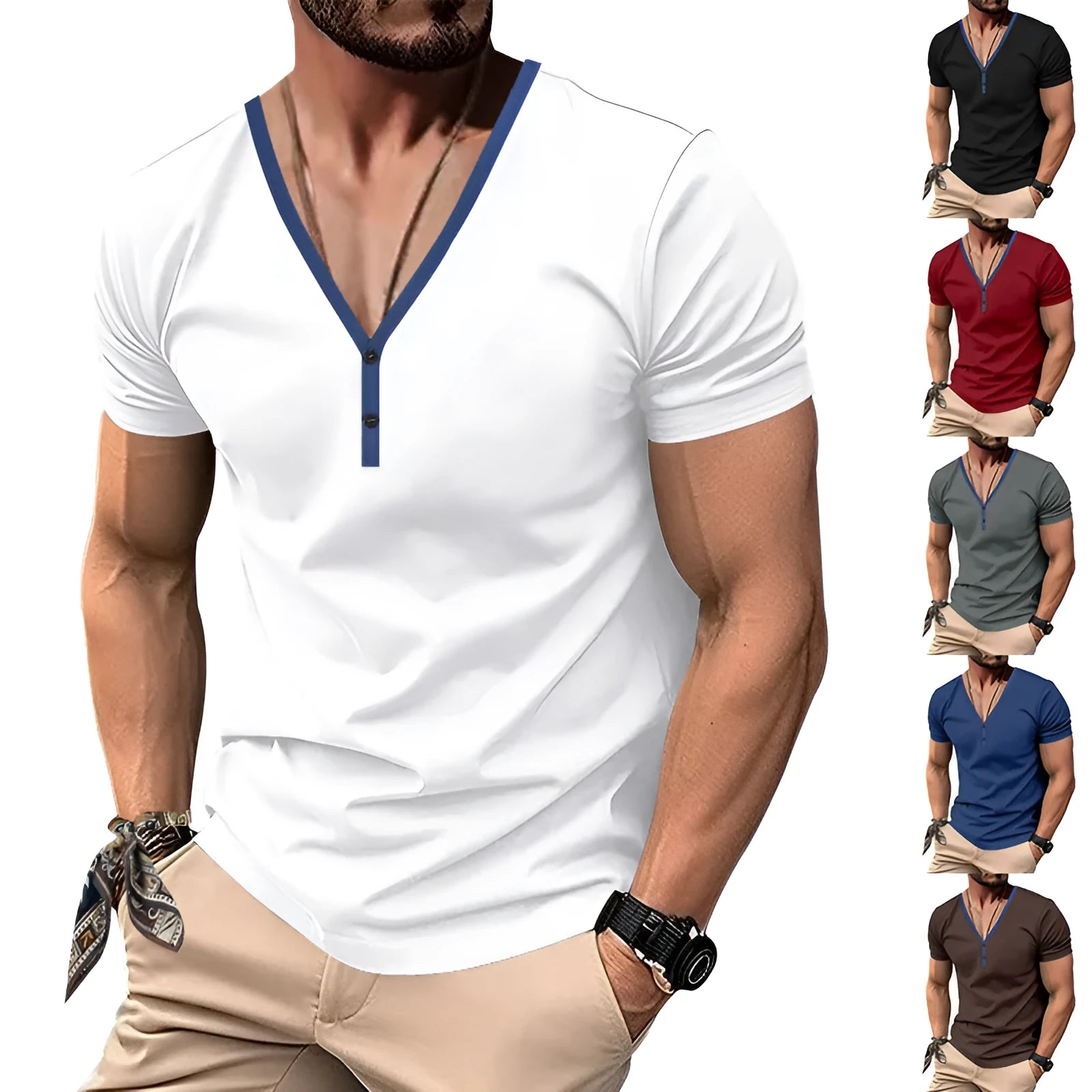 Men's slim-fit V-neck contrast colour Henley short sleeve top in polyester, available in black, white, wine red, gray, denim blue, brown