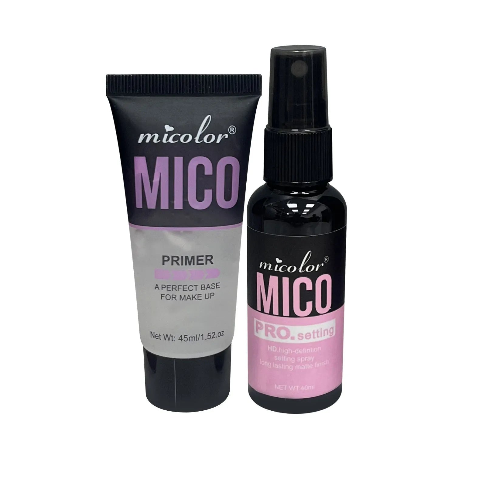Makeup primer and finishing spray duo set with 45ml and 40ml bottles