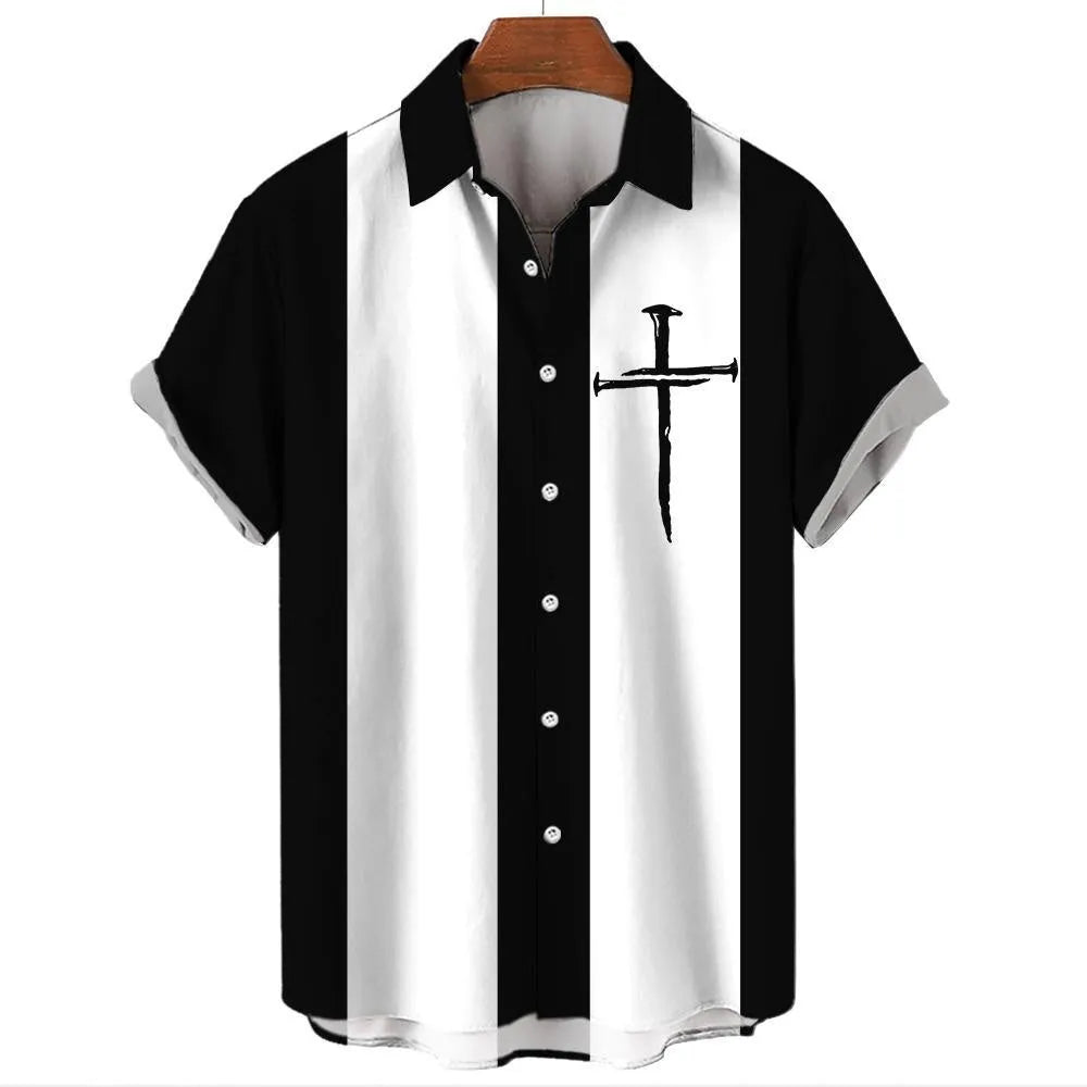 Men's striped Hawaiian shirt with button front and short sleeves in stretch elastic fabric