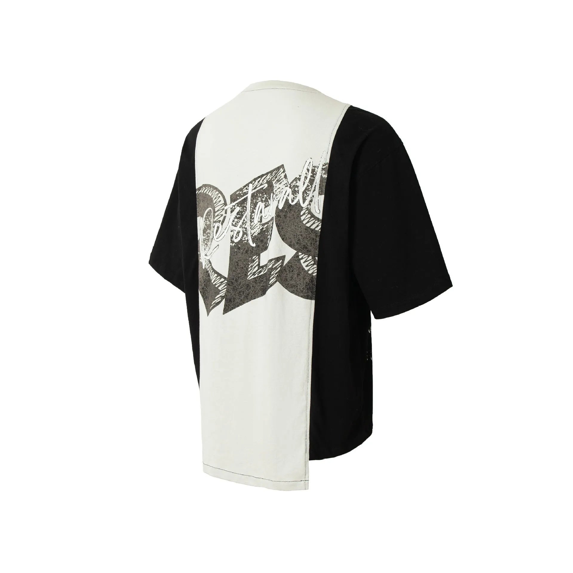 Black and white deconstruction print loose fit cotton blend T-shirt for summer streetwear