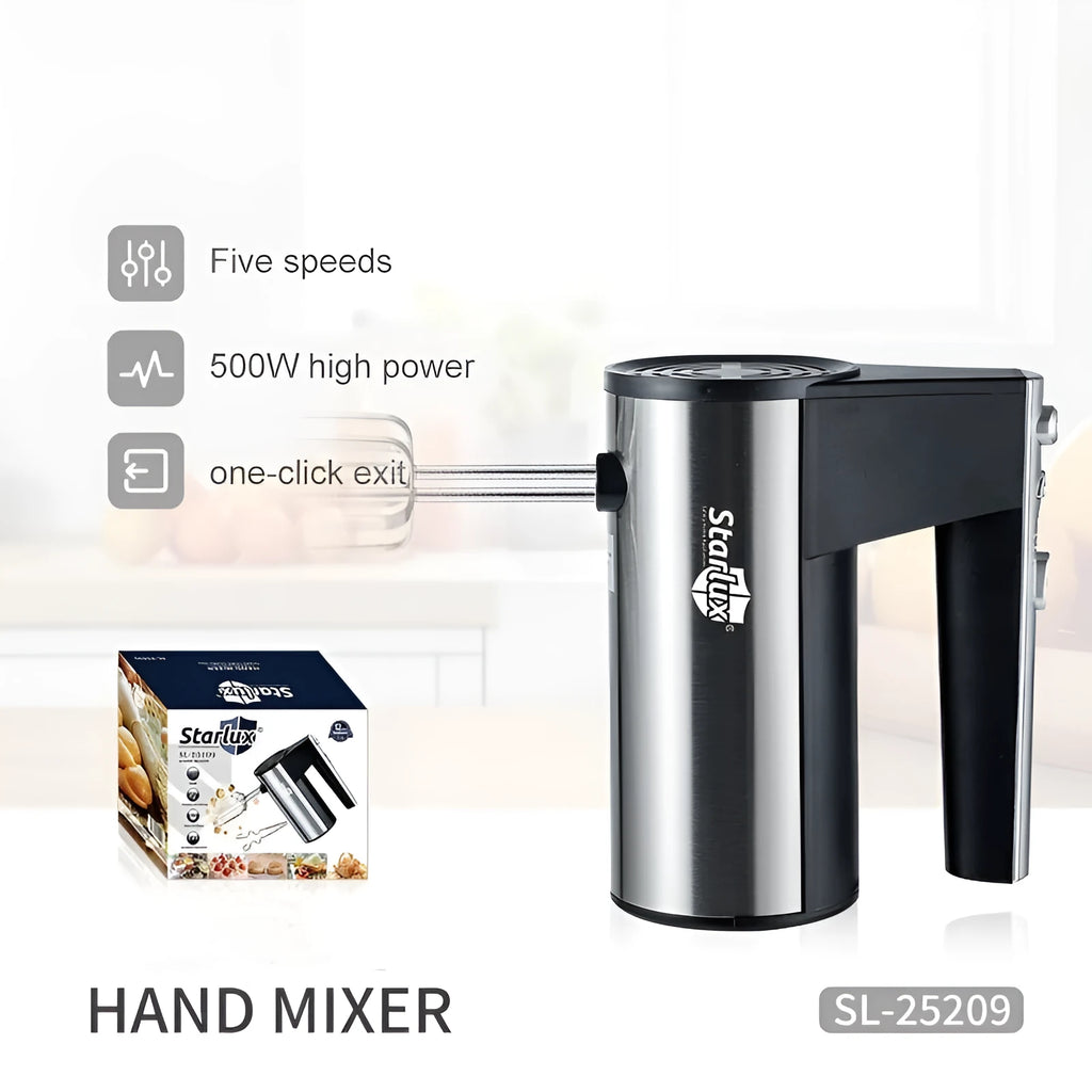 Silver and black handheld electric mixer with whisk attachment, model SL-25209, on a kitchen counter.