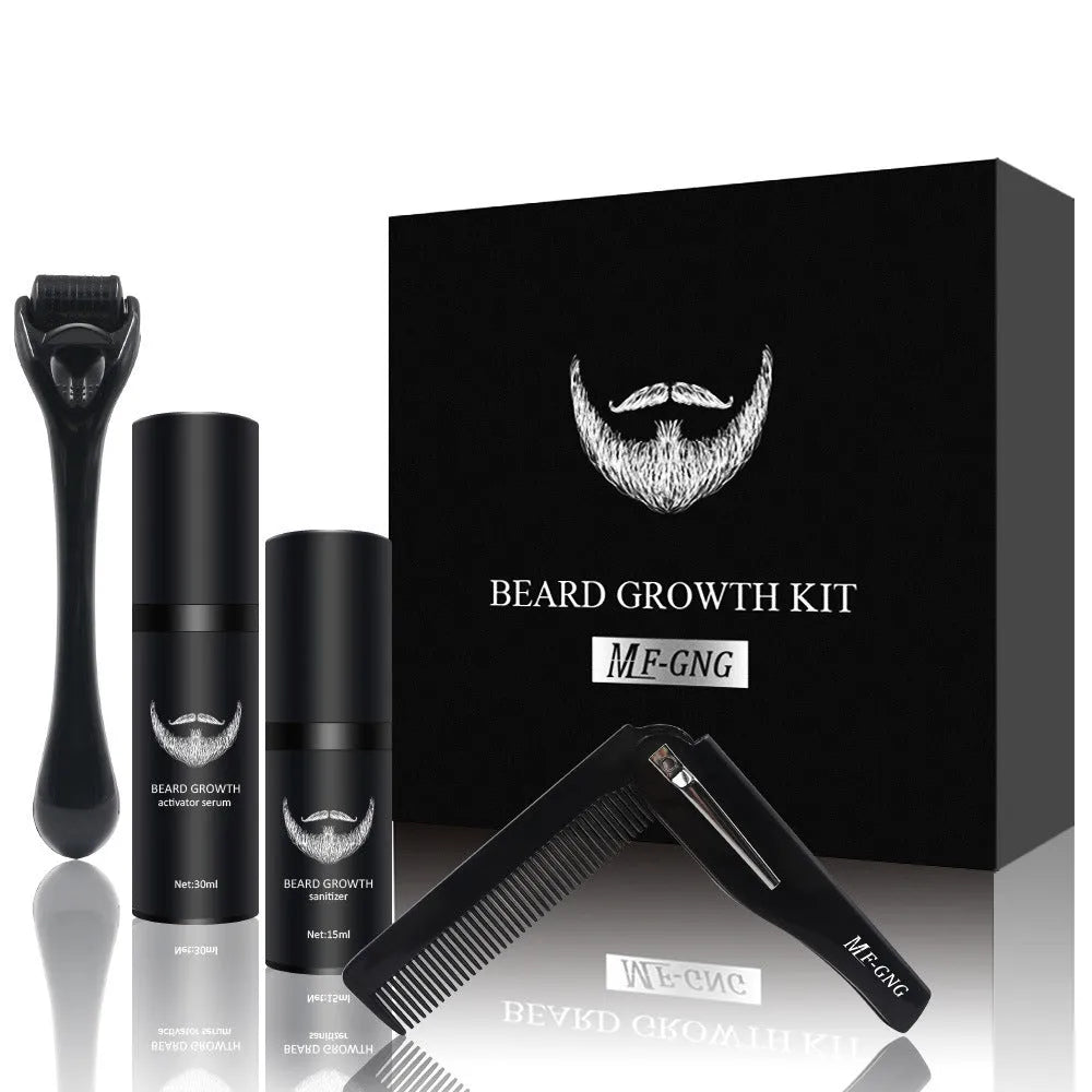Men's beard grooming kit with beard roller, disinfectant, and SPF50 moisturiser in Suit series Style A packaging