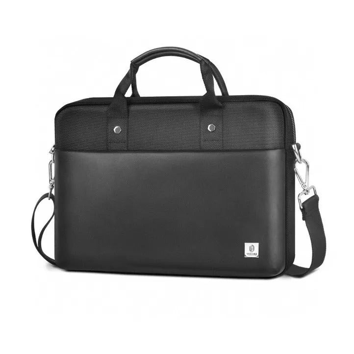 Black oxford cloth laptop backpack showing multiple pockets and a separate padded computer compartment.