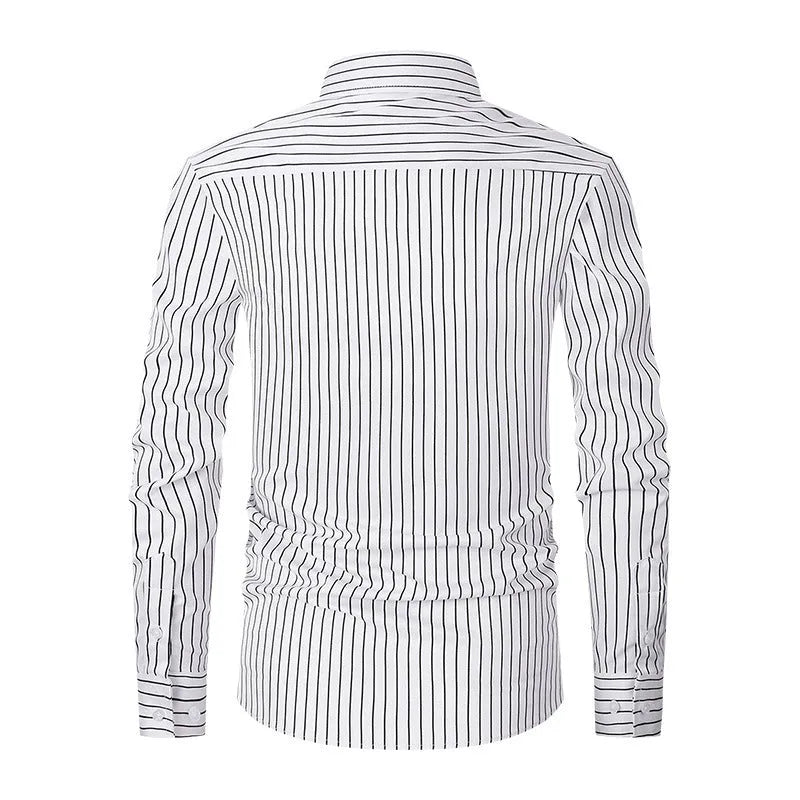 Men's striped long sleeve business shirt in polyester blend fabric with slim fit cardigan styling