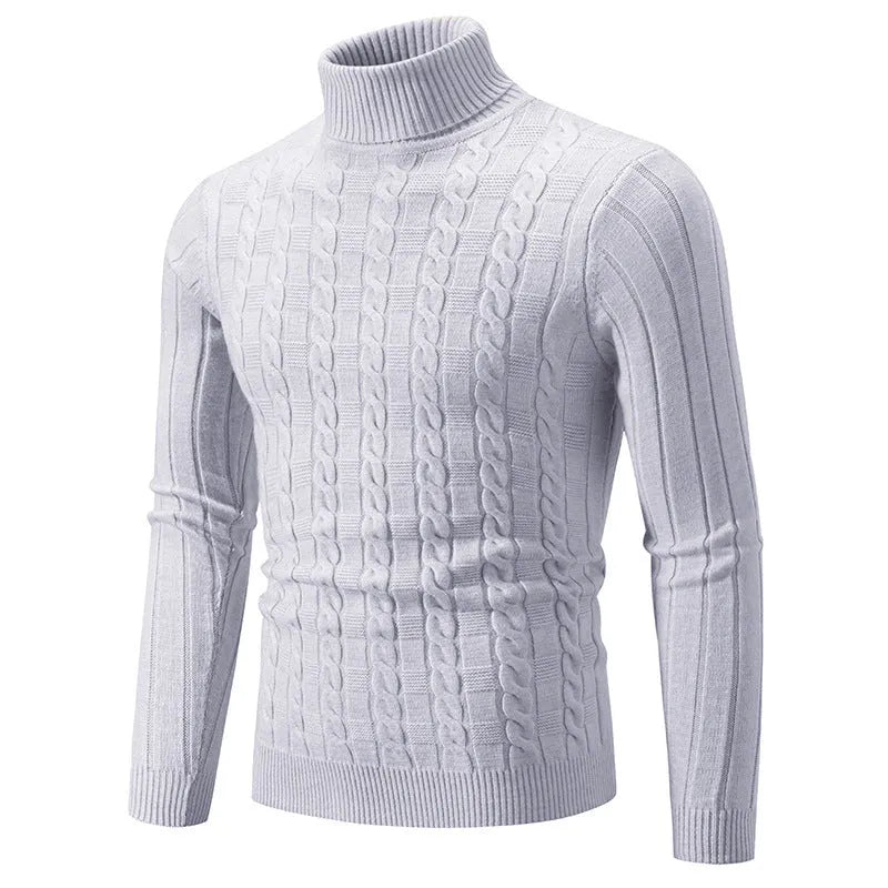 Men's slim twist turtleneck pullover sweater in chenille fabric displayed in multiple colour options