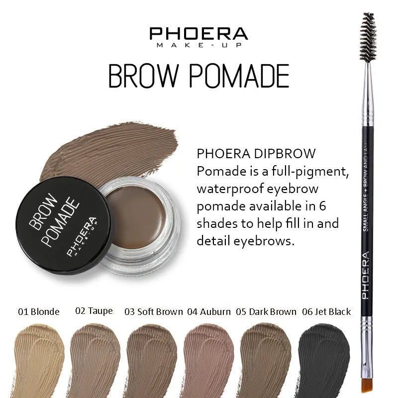 Phoera Eyebrow Cream in six colour shades with double-ended brush, taupe and soft brown pots visible