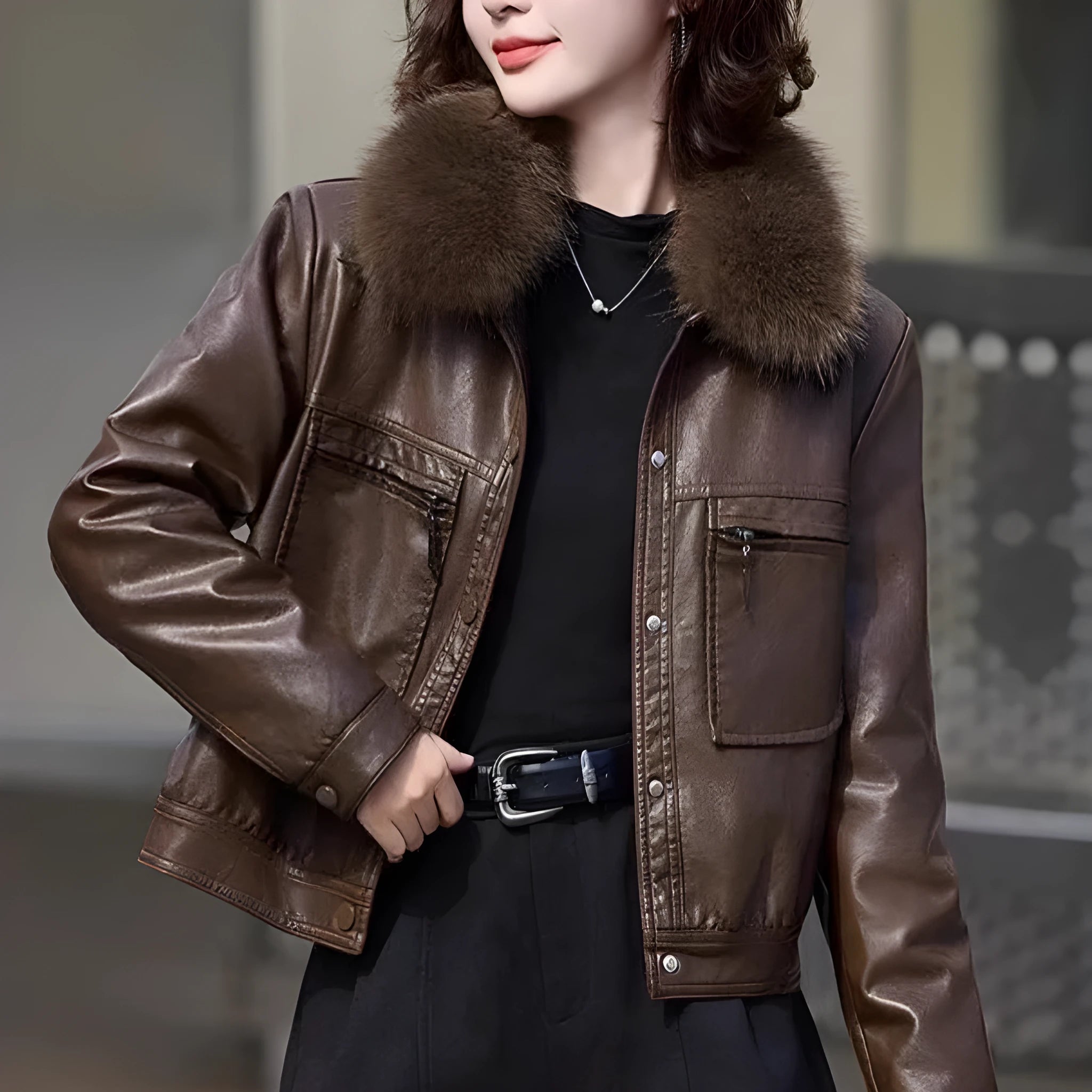 Women's fleece-lined thickened PU leather Western style short lapel coat in black with conventional sleeves