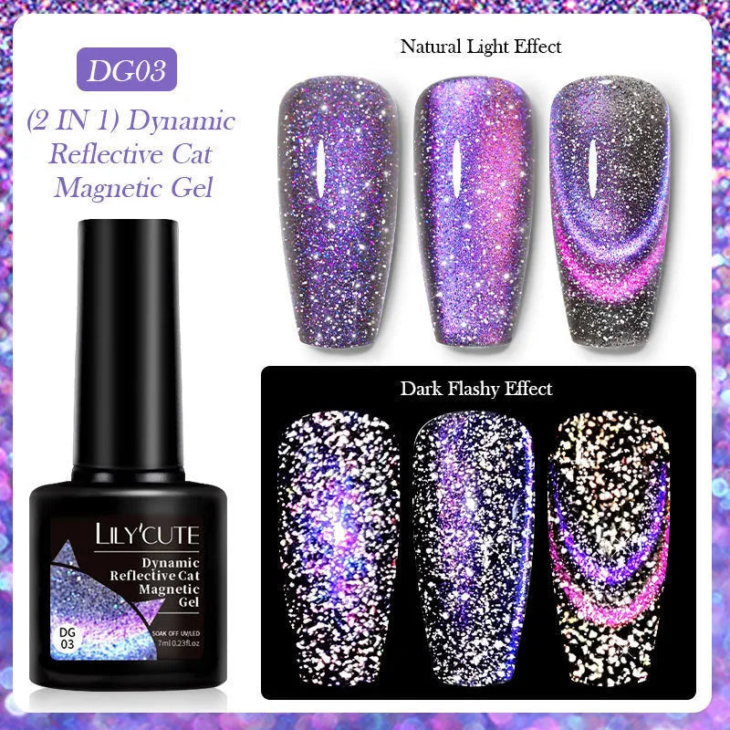 Cat eye series gel nail polish bottles showing six colour variations with diamond glitter fragments