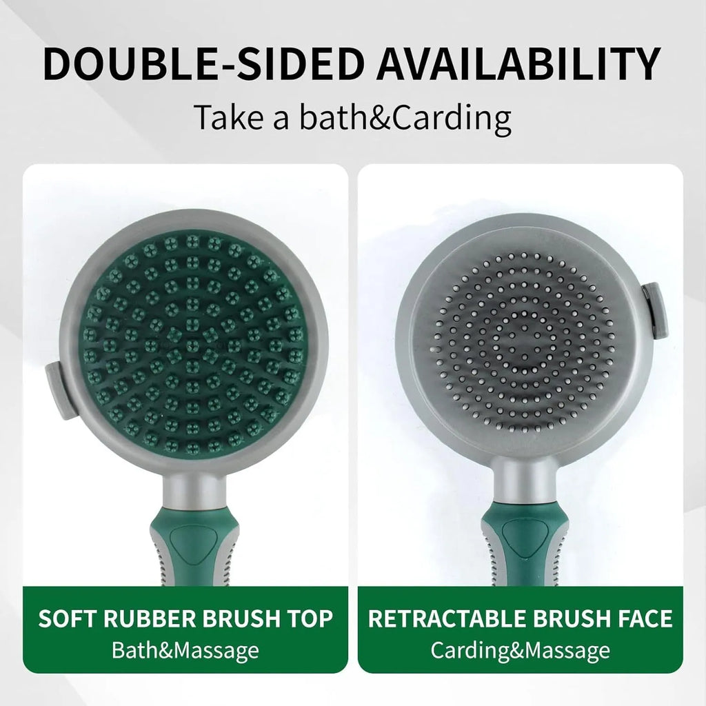 Two-sided silicone cat brush with green handle, showing slicker brush and massage sides