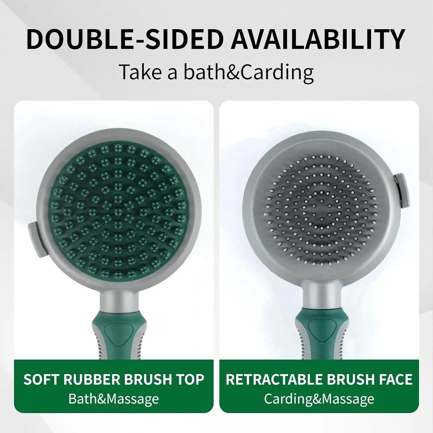 Two-sided silicone cat brush with green handle, showing slicker brush and massage sides