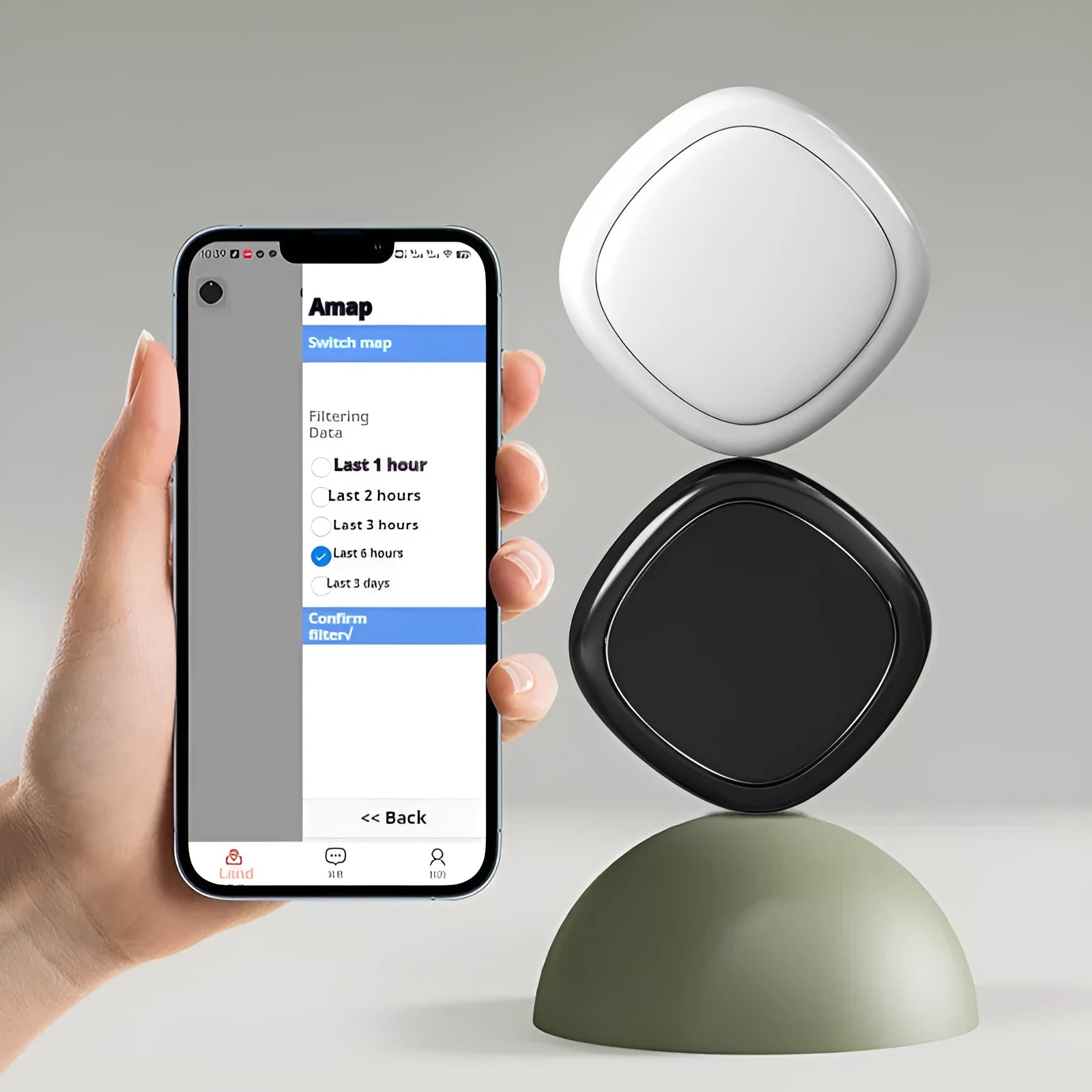 Smart anti-lost alarm in black with magnetic square shape and hanging loop on a keychain