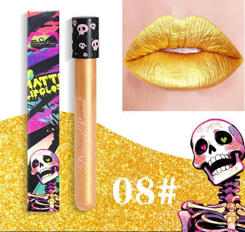 Halloween creative makeup lip gloss in skull test tube packaging with gold and silver matte shades