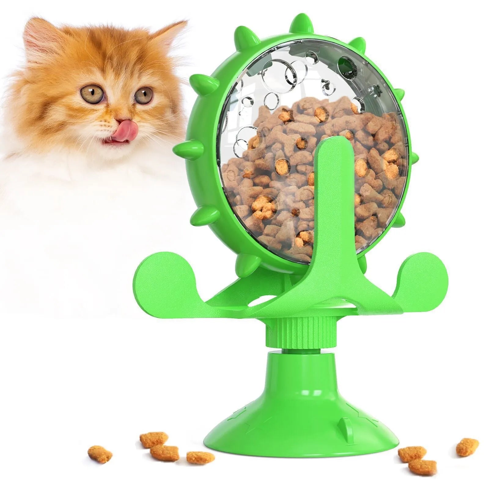 Interactive cat dog puzzle feeder toy with rotating spinner in blue green red yellow colours