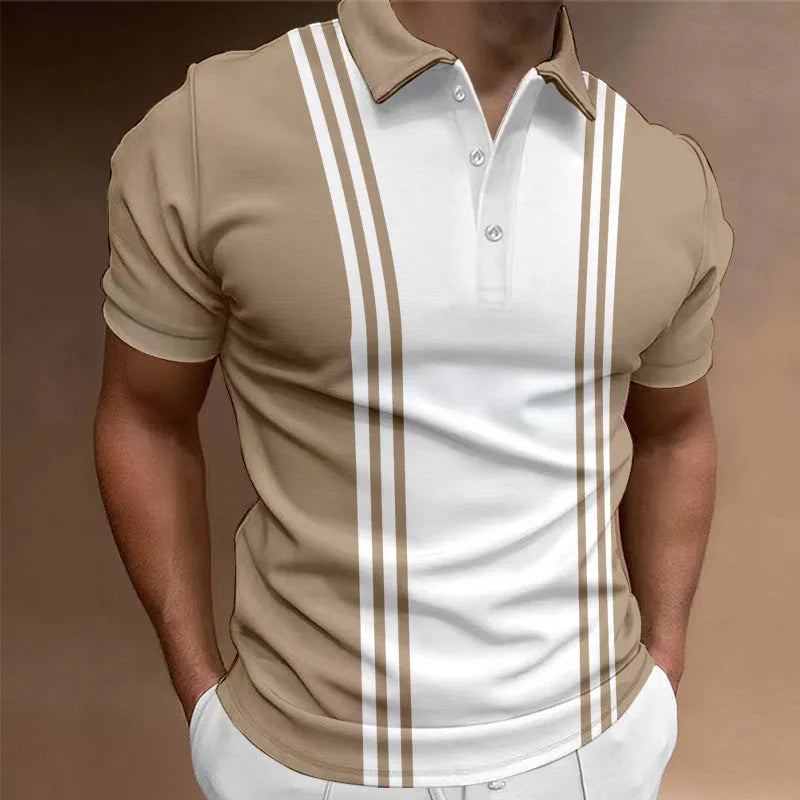 Casual men's 3 button printing lapel T-shirt in loose fit polyester, blue colour, short sleeves