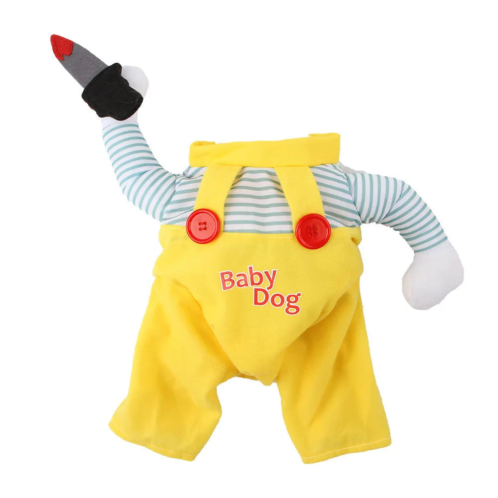 Yellow assassin themed cat costume clothing with sword motif on polyester fabric