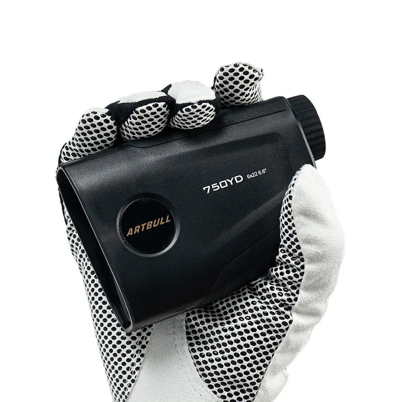 Golf laser rangefinder with 750 yard range showing flag lock and slope compensation functions