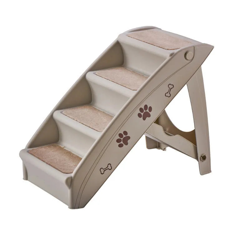 Foldable plastic pet stairs with three steps and non-slip mats in light coffee colour