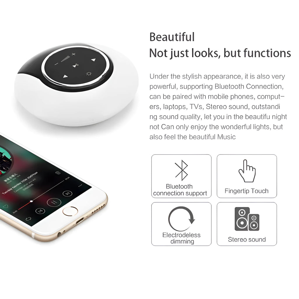 Blue cubic Bluetooth desk lamp with speaker and touch controls for dimming and colour selection