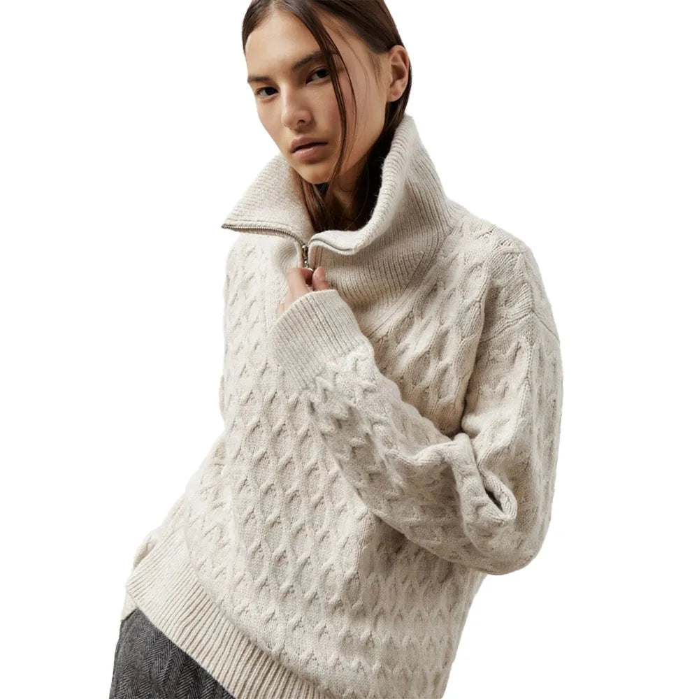 Women's high-neck half zip pullover sweater in apricot with crochet details on front
