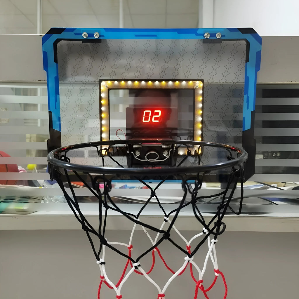 Mute Scoring Dunk Outdoor Folding Basketball Hoop with LED Backboard in red, height adjustable 152-180cm