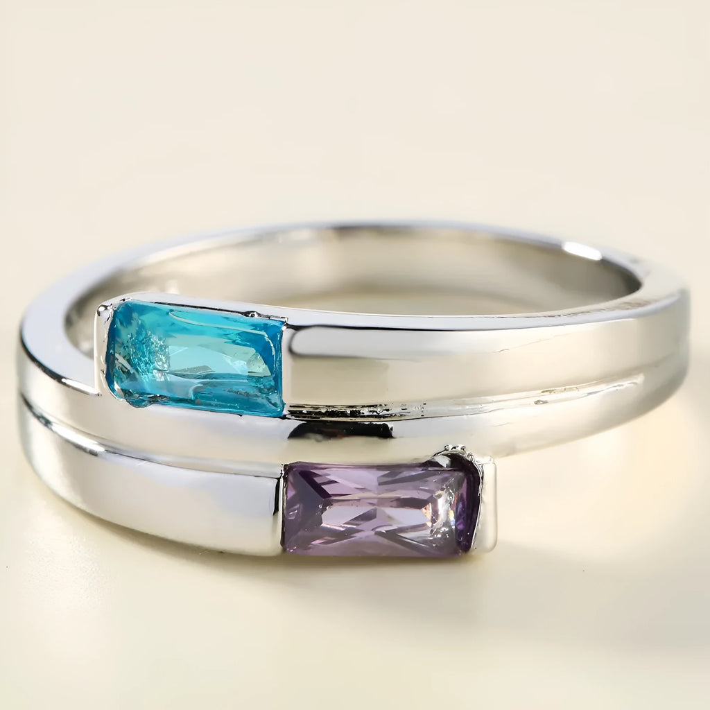Copper ring with electroplated silver finish and inlaid zircon stones in contemporary European American style