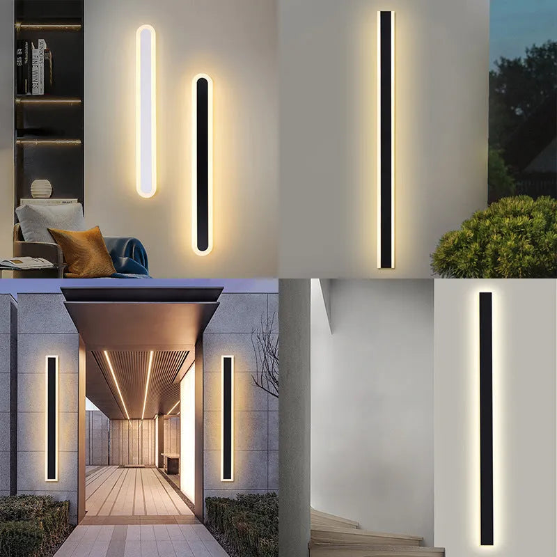 150cm long straight outdoor LED wall lamp with black wrought iron shell and warm white light.