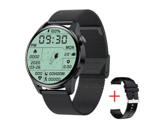 Smart watch with round colour display on a black silicone strap, showing heart rate data on screen.