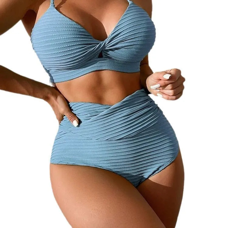 Women's solid colour two-piece bikini swimsuit in polyester fabric