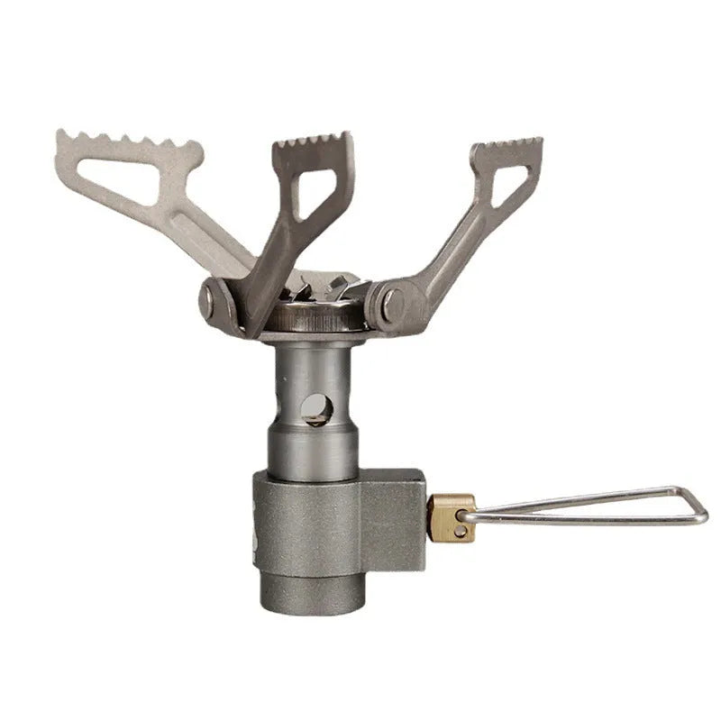 Silver titanium mini camping gas stove with rotary flame, 25g weight, portable for outdoor use