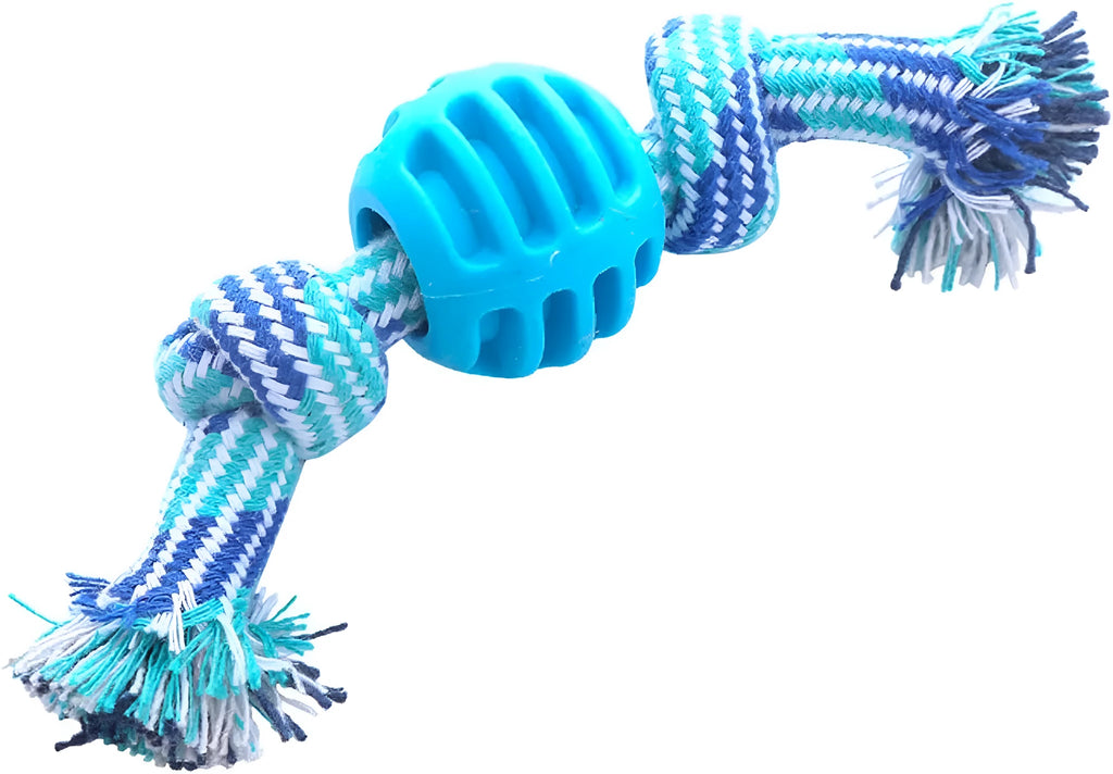Blue dog chew toy with molar shape and attached rope for dental care.