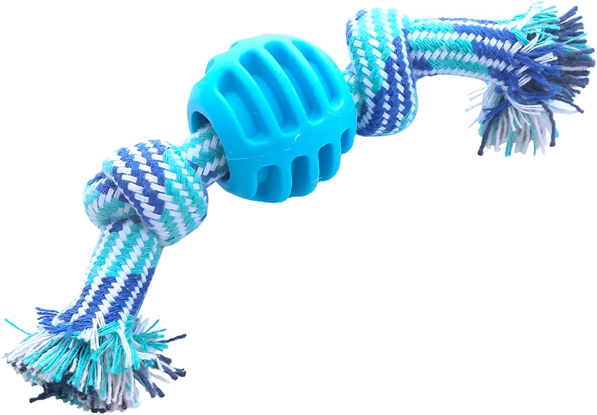 Blue dog chew toy with molar shape and attached rope for dental care.