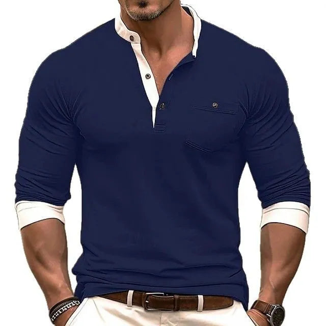 Men's solid colour long sleeve cotton t-shirt on a hanger, showing the round neck design.