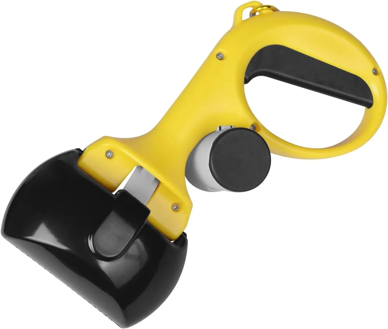 A black ABS plastic pet pooper scooper with an integrated trash bag holder and a top hook.
