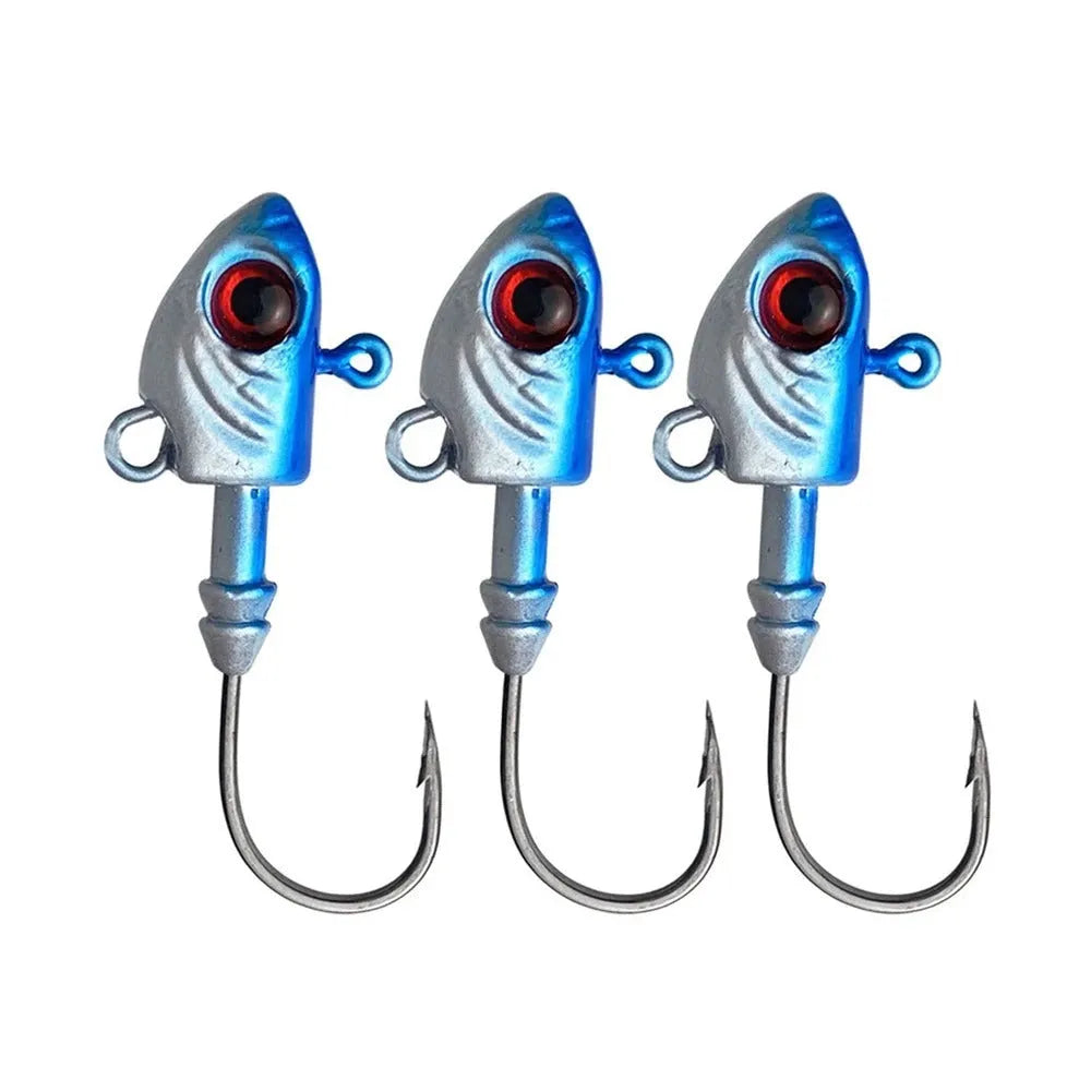Yayu shaped lead head fishing hooks in blue, silver, yellow with weights from 3.5g to 28g and soft baits.