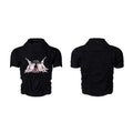 Black men's slim fit short sleeve T-shirt with round neck on a grey background.