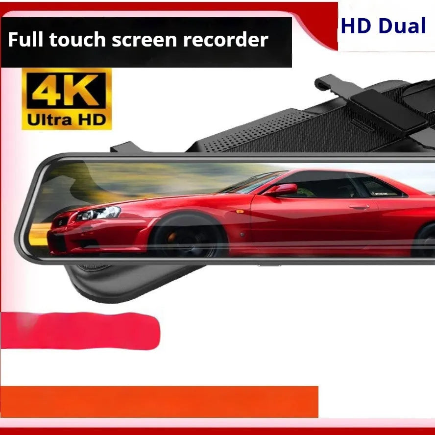 HD 1080p dual lens rearview mirror recorder with 9.66-inch touch screen showing front and rear video