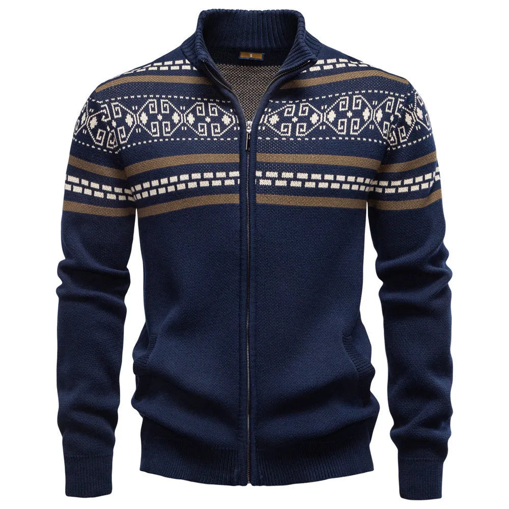 Men's cotton zipper knitted jacket in slim fit, army green colour, shown front view