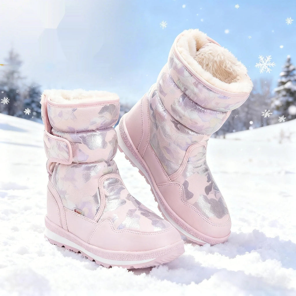 Children's waterproof slip-resistant fleece-lined mid-top snow boots in multiple colours for winter