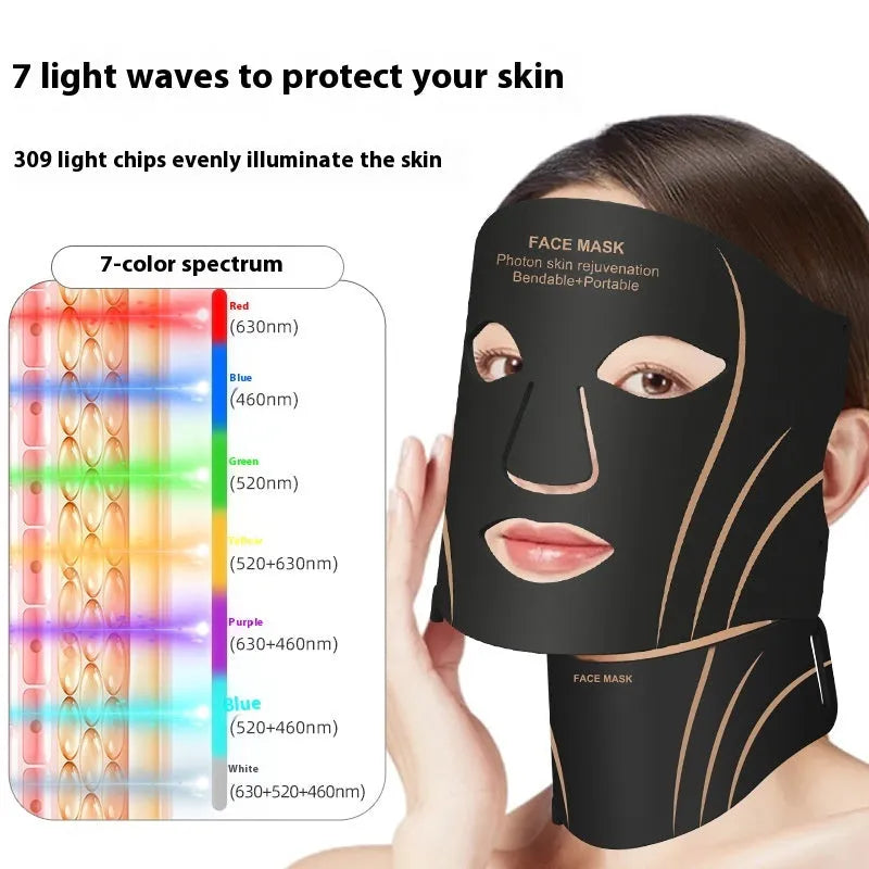 Black gold IPL LED facial mask device with headband and touch screen on a white background.