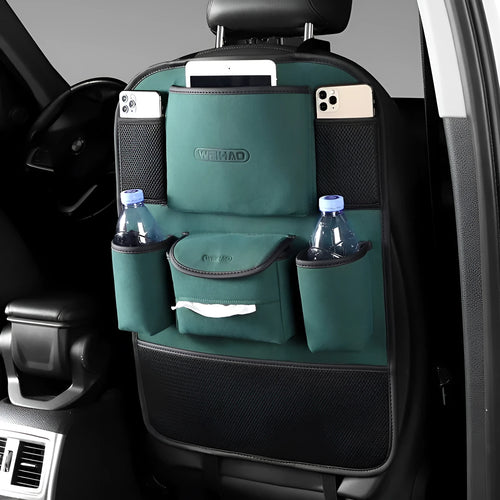 Car seat back storage bag in fleece microfiber, 23.5cm by 13cm, black colour, placed on car seat